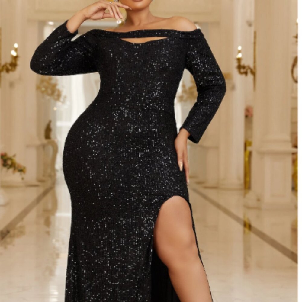 Plus Size Off Shoulder Cut Out Split Thigh Sequin Dress